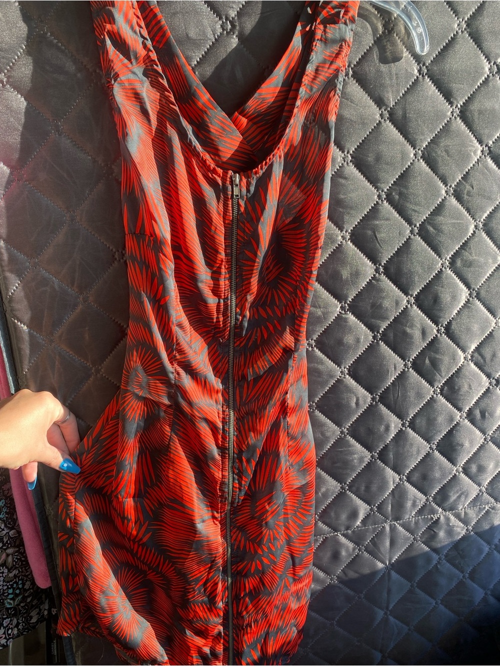 My Story Red and Black Printed Sleeveless Mini Dress with Front Zip